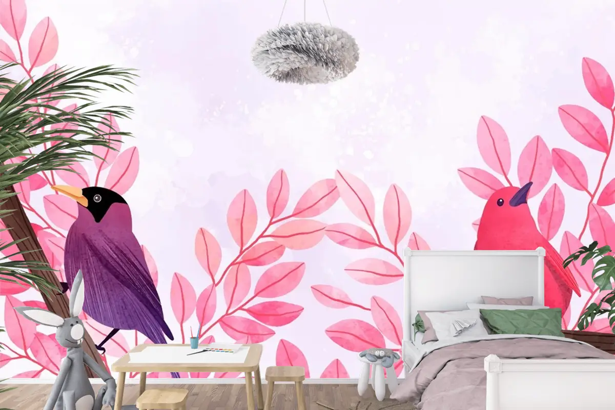Dallarda Oturan Kuşların Güzel Suluboya Çocuk Odası Duvar Kağıdı