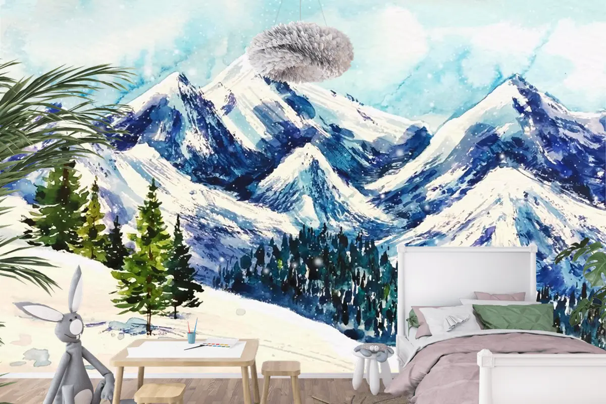 Suluboya Arka Planda Güzel Kış Manzarası Çocuk Odası Duvar Kağıdı
