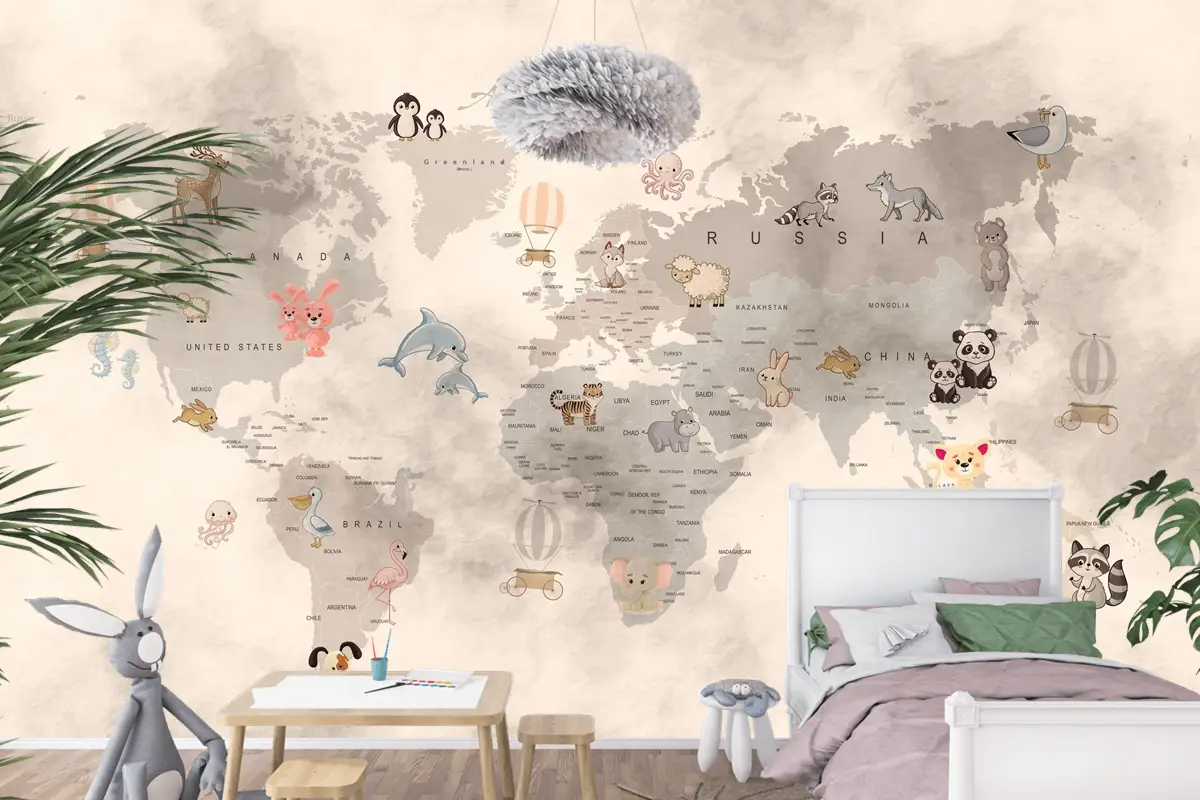 Bebek Hayvanlar Dünya Haritası Eğitici Çocuk Odası Duvar Kağıdı
