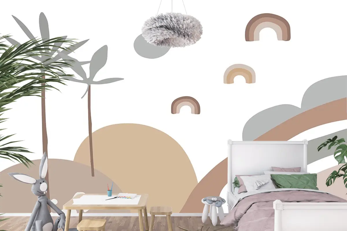 Çizim Palmiye Güneş Çocuk Odası Duvar Kağıdı