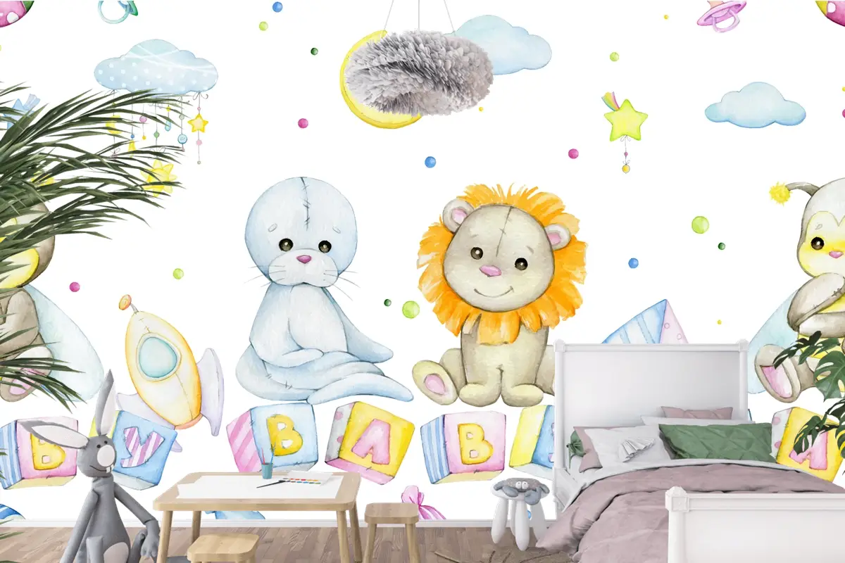 Arı Aslan Mühür Küpleri Harflerle Ay Yıldız Bulutlar Çocuk Odası Duvar Kağıdı