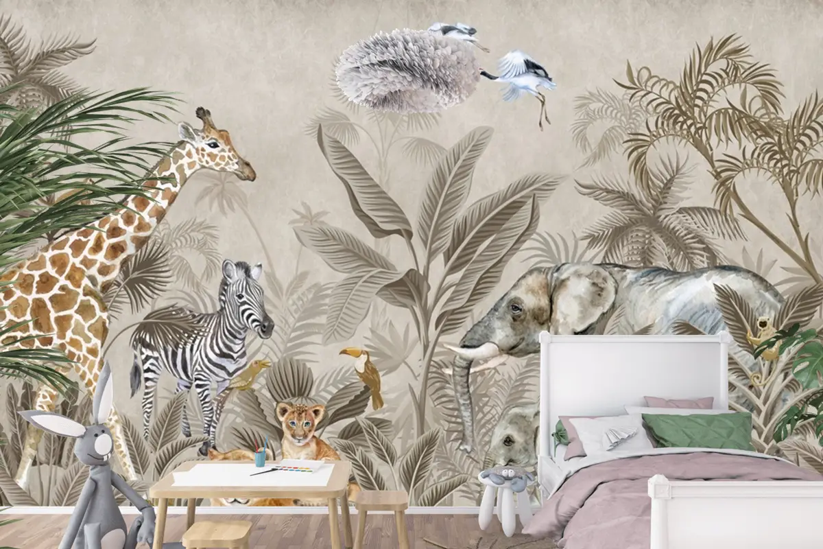Bej Suluboya Safari Hayvanları Çocuk Odası Duvar Kağıdı