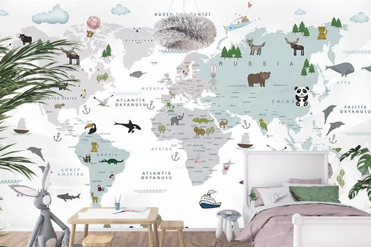 Beyaz Zemin Çocuk Odası Dünya Haritası