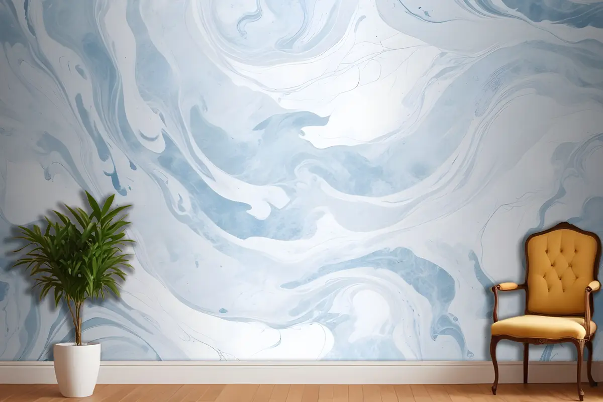 Mavi & Beyaz Mermerize Yatak Odası Duvar Kağıdı