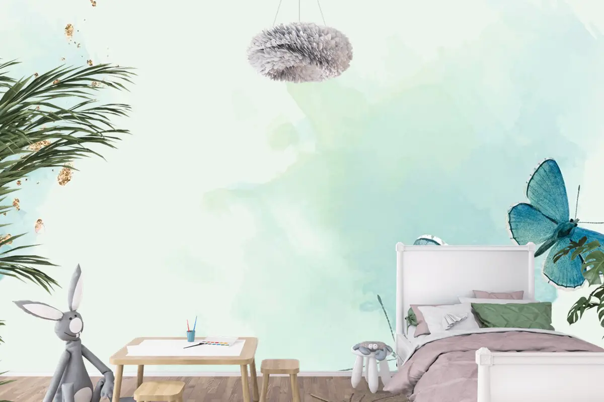 Mavi Kelebekler Desenli Arka Plan Çocuk Odası Duvar Kağıdı