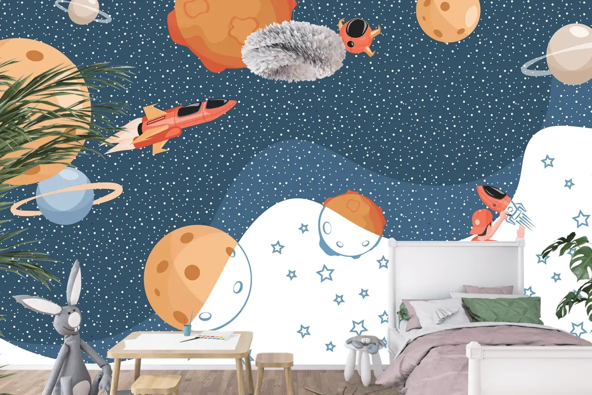 Cosmos Gezegenler Uzay Gemileri Ve Yıldızlar Çizim Çocuk Odası Duvar Kağıdı