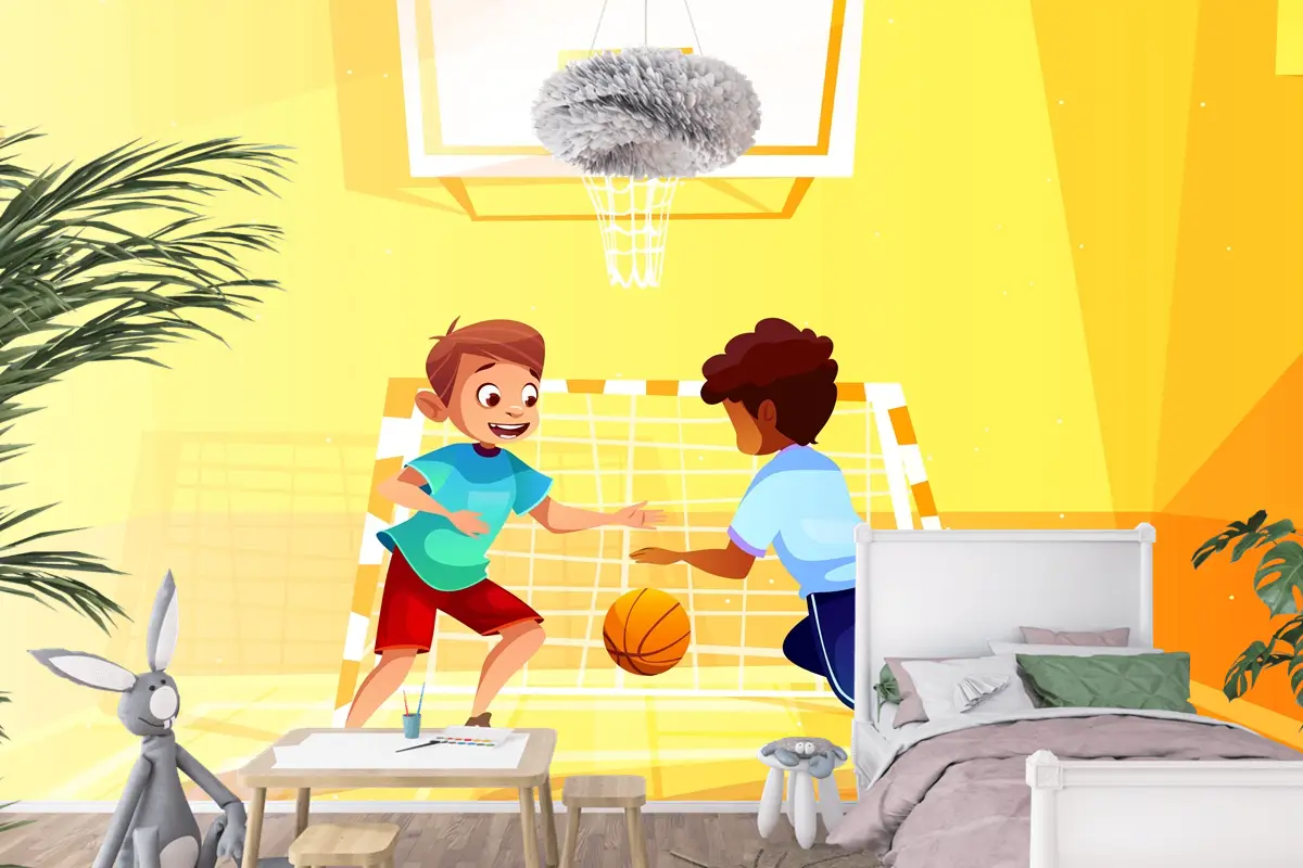 Okulda Topla Basketbol Oynayan Çocuk Odası Duvar Kağıdı