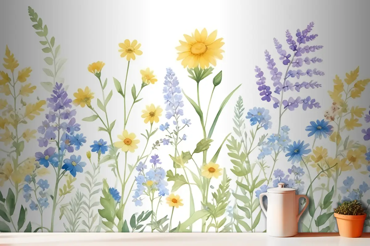 Parlak Leylak Ve Yeşil Suluboya Kır Çiçeği Mutfak Duvar Kağıdı