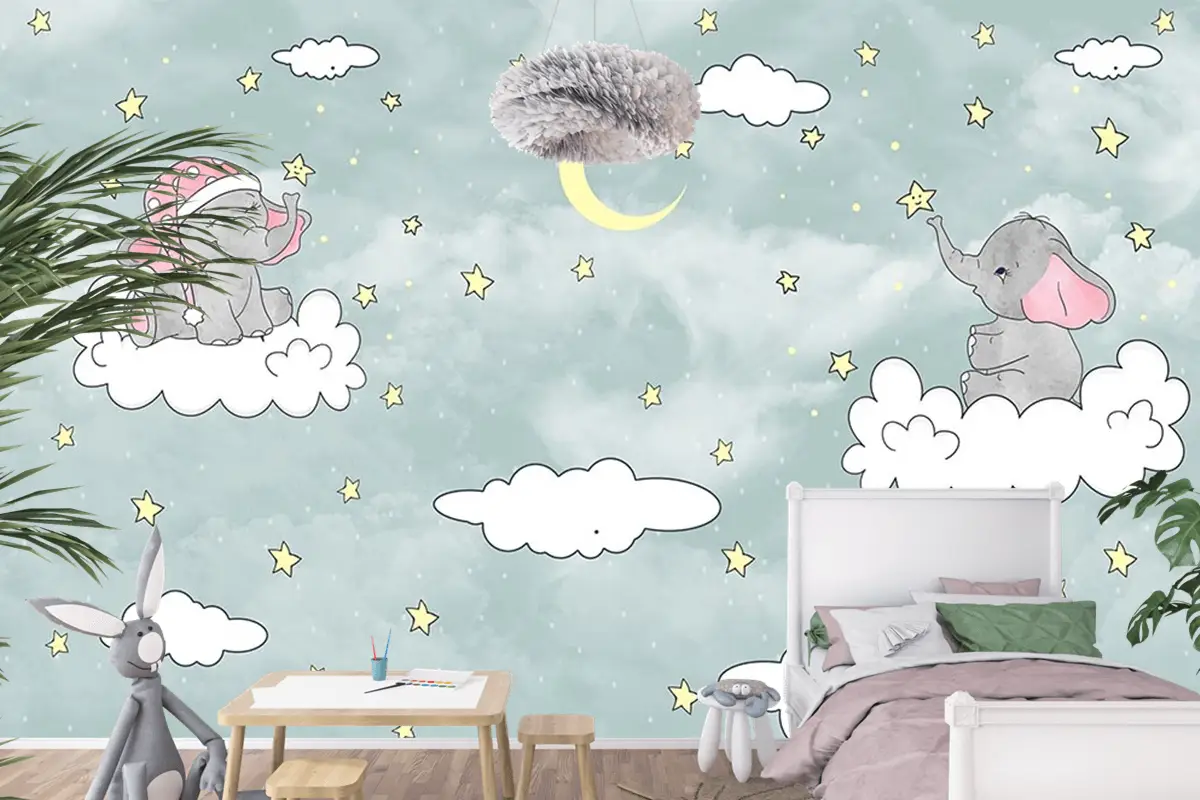Bulut Üzerinde Sevimli Filler Duvar Kağıdı