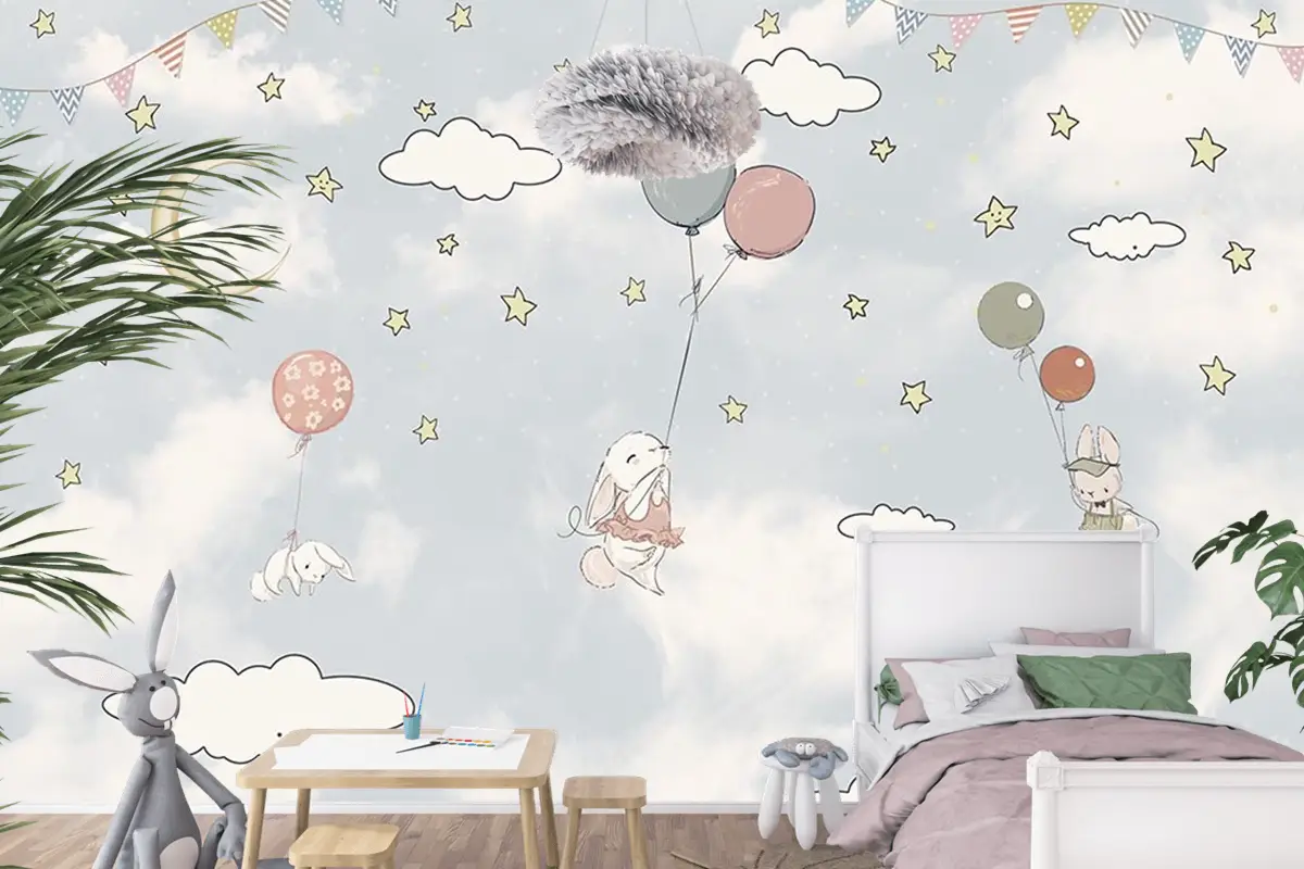 Bulutlar Arasında Balonlar Ve Tavşanlar Çocuk Odası Duvar Kağıdı