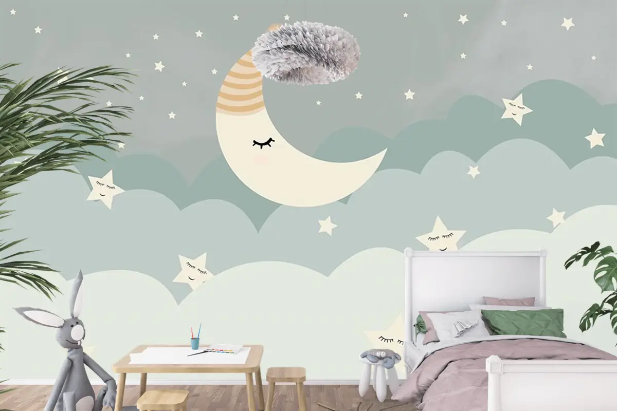Bulutlar Ay Ve Yıldızlar Çocuk Odası Duvar Kağıdı