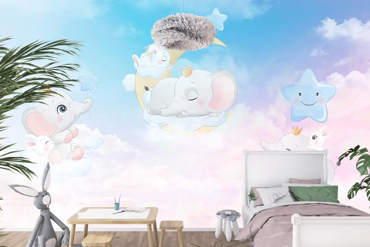 Bulutlar Üzerinde Mutlu Filler Çocuk Odası Duvar Kağıdı