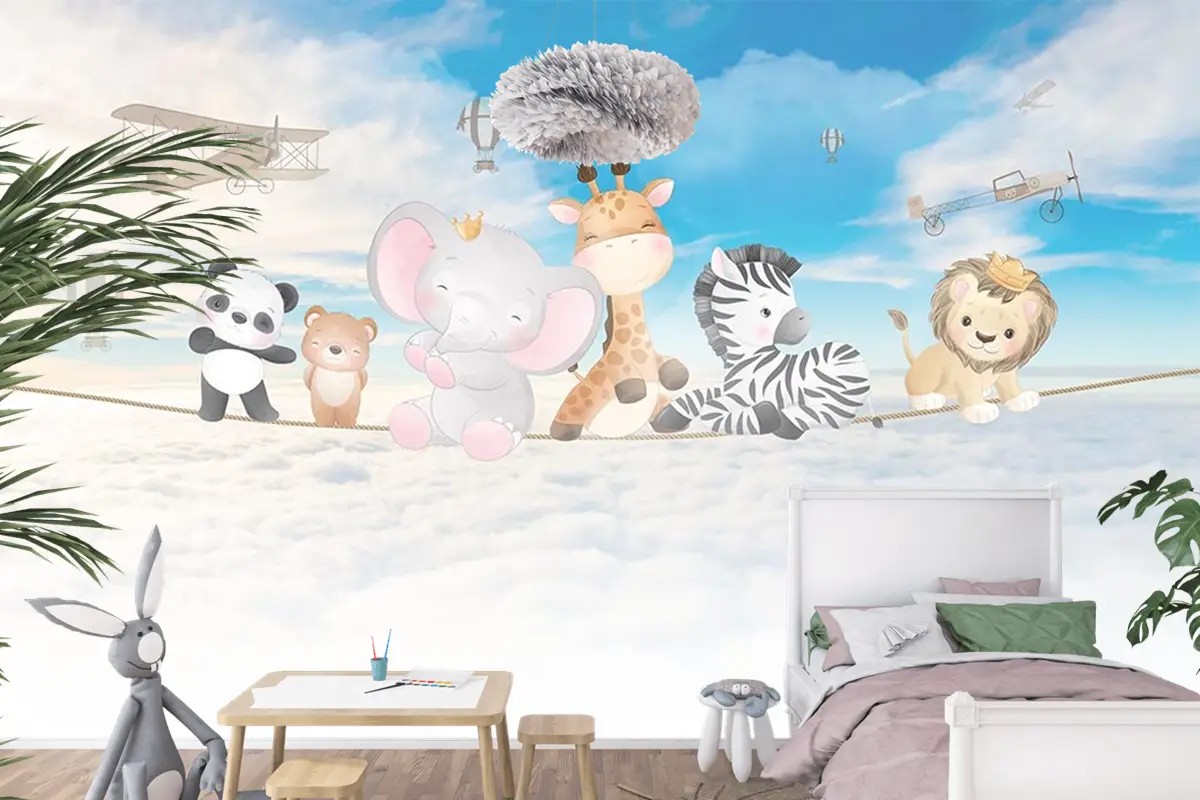 Bulutlar Üzerinde Mutlu Ve Sevimli Hayvanlar Çocuk Odası Duvar Kağıdı