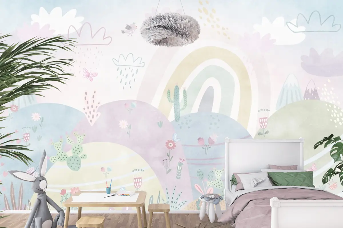 Bulutlar Ve Gökkuşağı Çocuk Odası Duvar Kağıdı