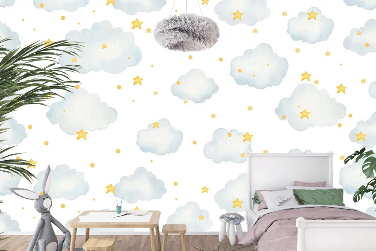 Bulutlu Ve Yıldızlı Çocuk Odası Duvar Kağıdı