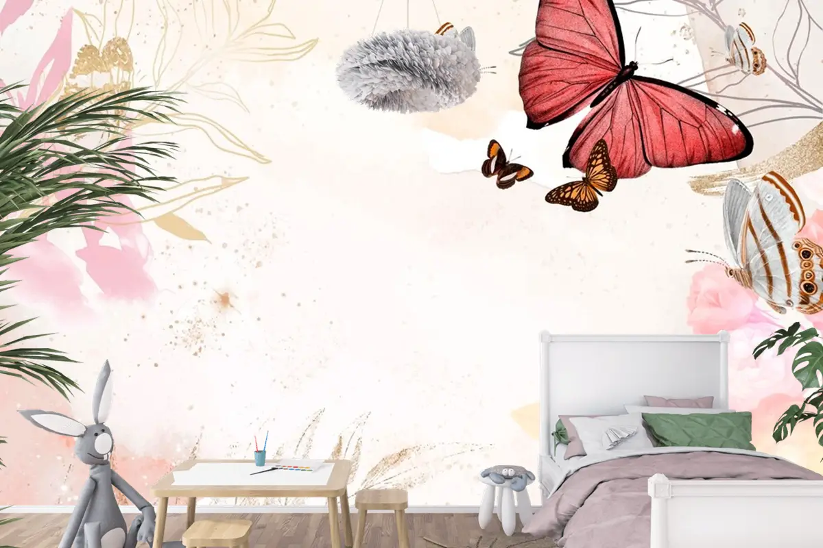 Kelebek Arka Plan Estetik Sınır Çiçekli Çocuk Odası Duvar Kağıdı