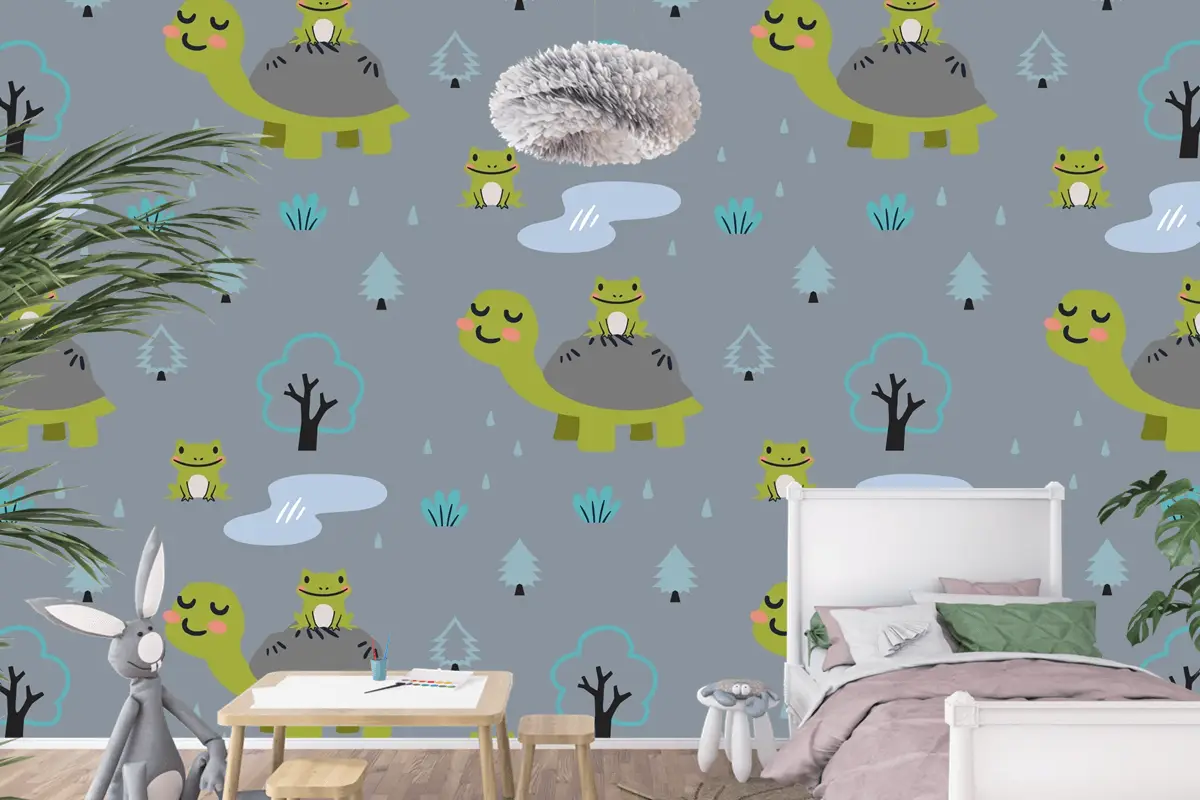 Sevimli Anne Kaplumbağa Ve Kurbağalar Ile Karikatür Hayvanlar Desen Çocuk Odası Duvar Kağıdı