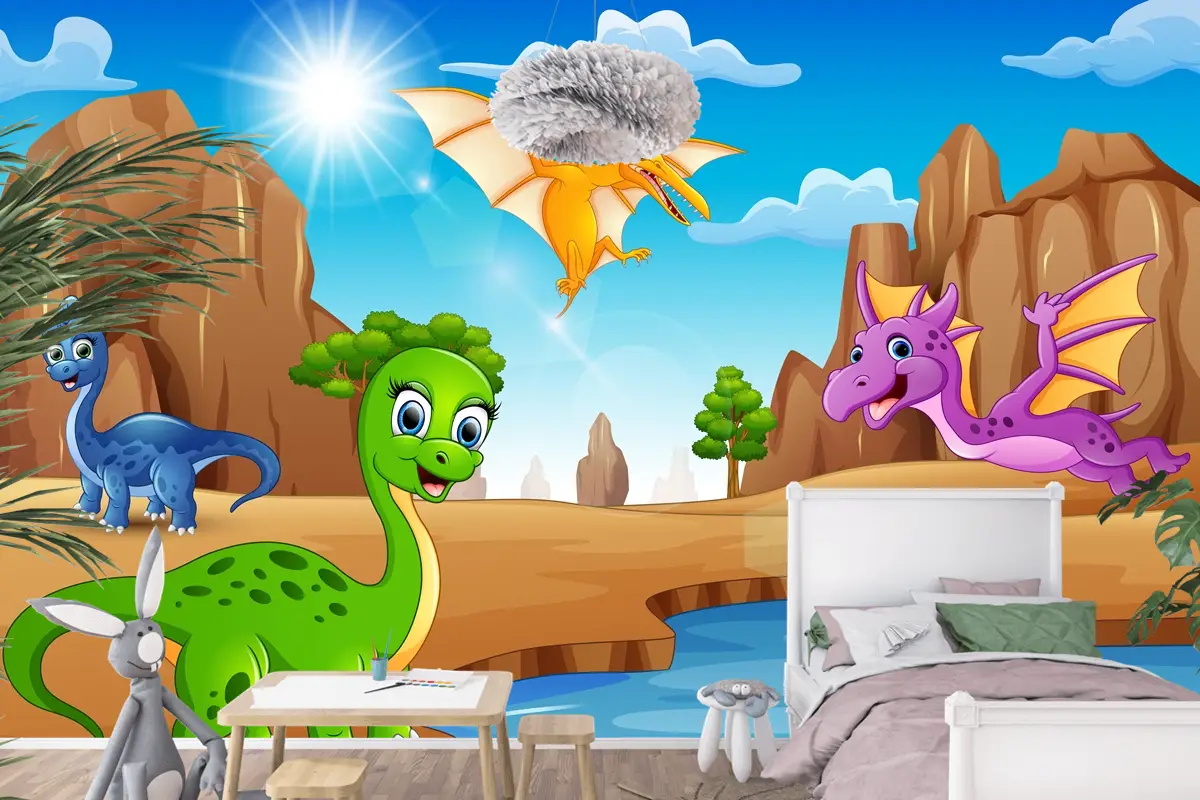 Çölde Yaşayan Karikatür Mutlu Dinozorlar Çocuk Odası Duvar Kağıdı