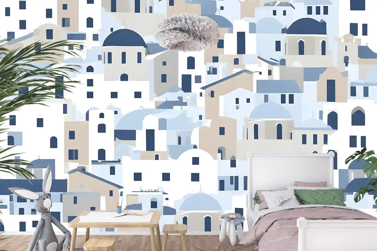 Karikatür Eski Mavi Yunan Evi Çocuk Odası Duvar Kağıdı