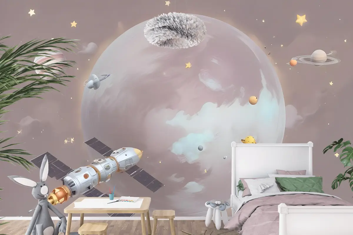 Karikatür Gezegenler Ve Yıldızlı Uzay Çocuk Odası Duvar Kağıdı