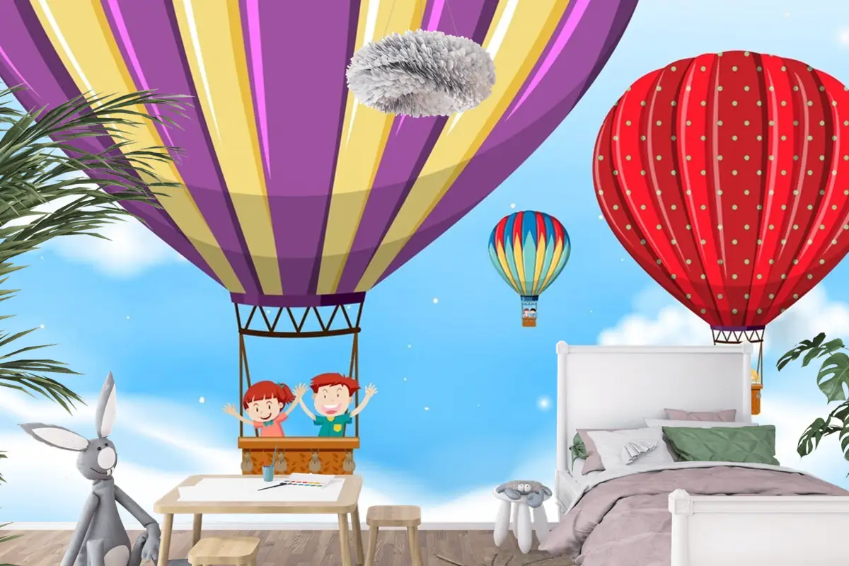 Sıcak Hava Balonuna Binen Çocuklar Çocuk Odası Duvar Kağıdı 
