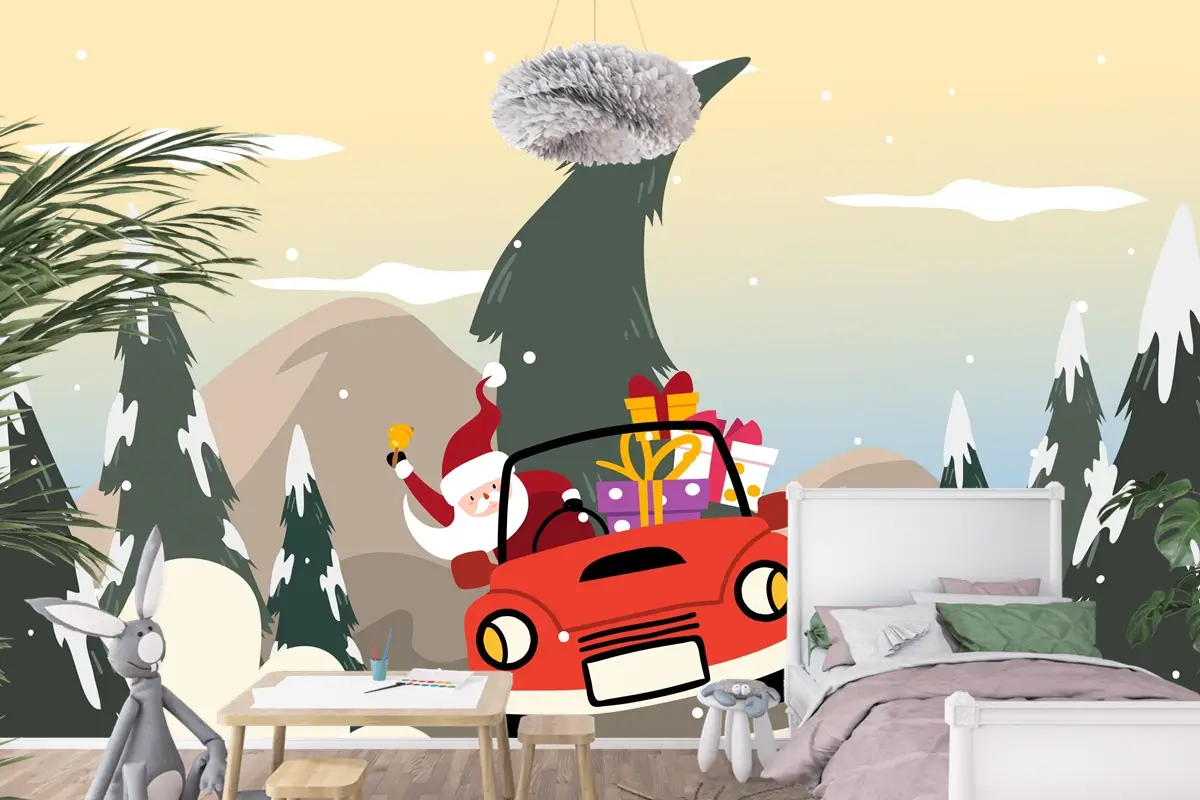 Düz Tasarım Çocuk Odası Duvar Kağıdı Duvarında Noel Arkaplanı