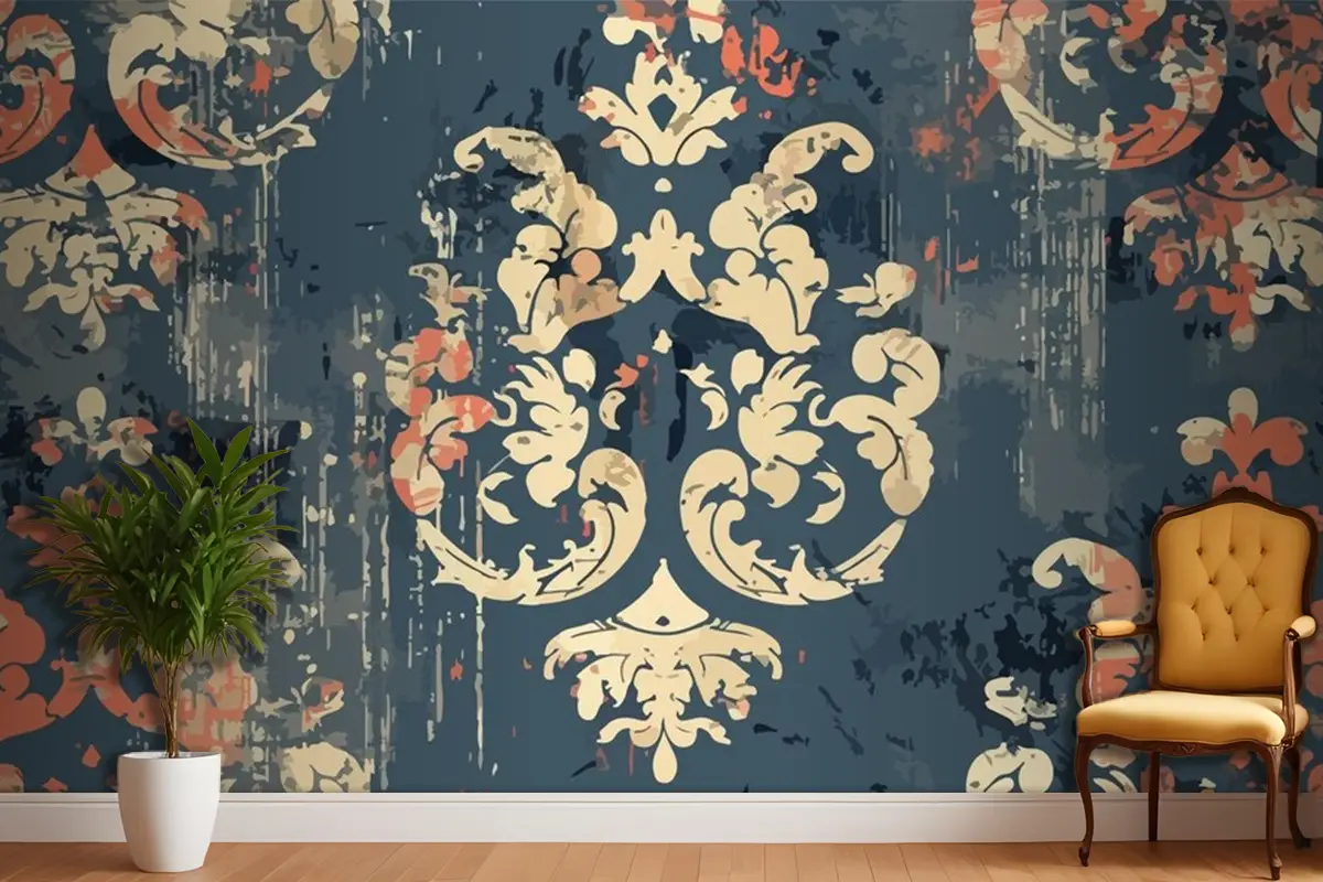 Çiçek Desenli Ve Altın Kırmızı Vintage Duvar Kağıdı