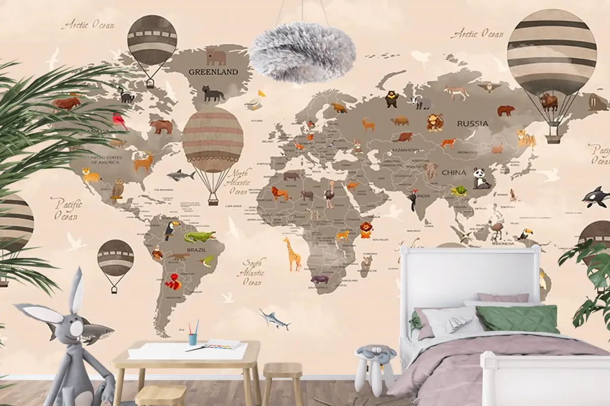 Çocuk Odaları Için Dünya Haritası Ve Balonlar Çocuk Odası Duvar Kağıdı