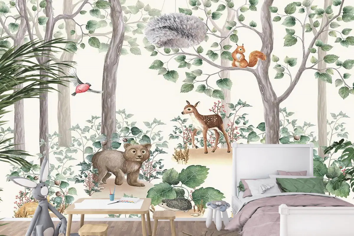 Çocuk Odaları Için Orman Ve Sevimli Hayvanlar Çocuk Odası Duvar Kağıdı