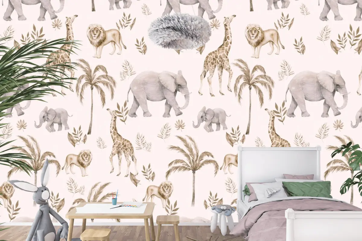 Çocuk Odası Bulutlu Çocuk Odası Duvar Kağıdı Palmiye Ağaçları Ve Safari Hayvanları
