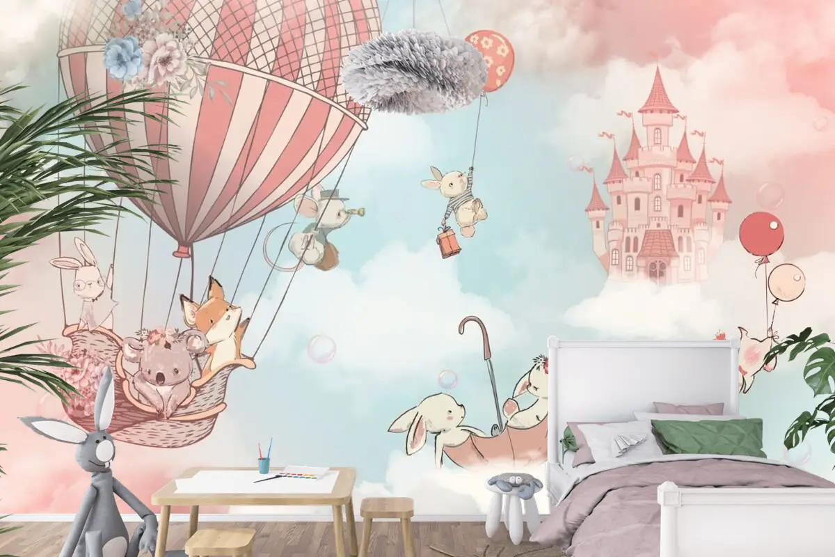 Bulutlu Çocuk Odası Duvar Kağıdı Gökyüzündeki Sevimli Hayvanlar