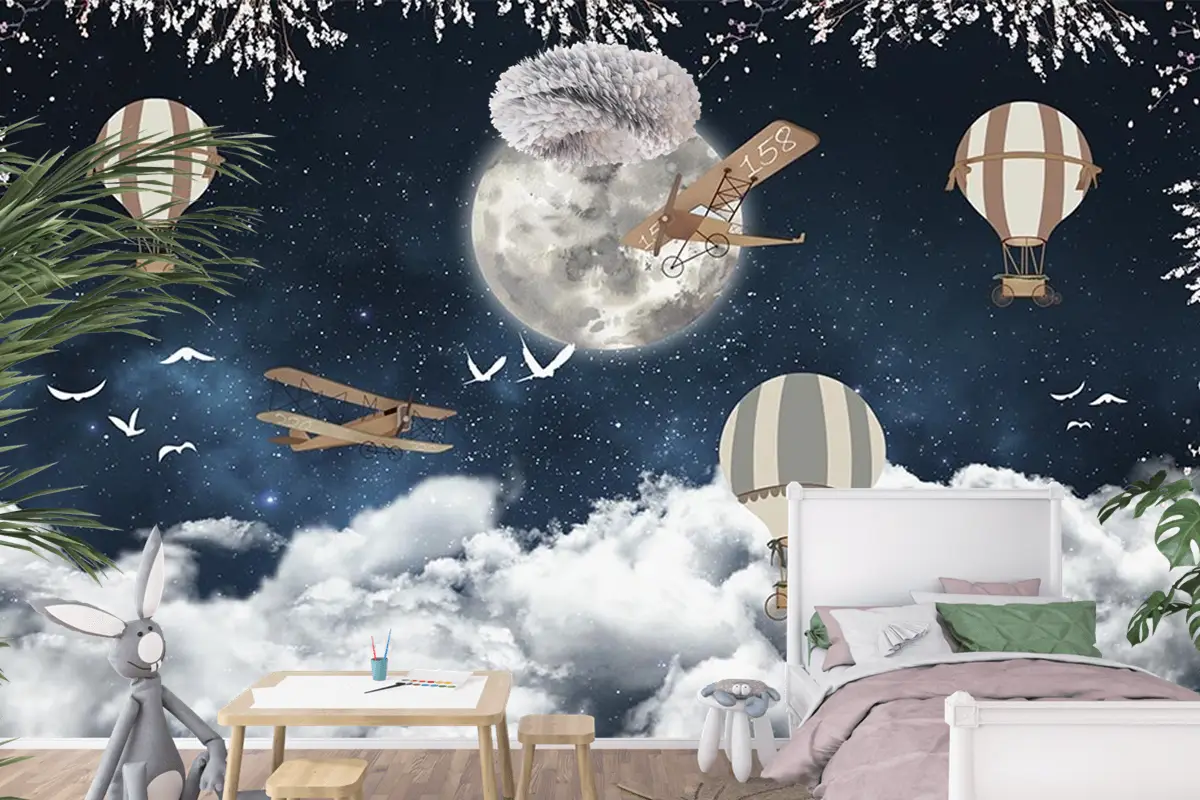 Çocuk Odası Duvar Kağıdı Ay Üzerinde Balonlar Ve Uçaklar