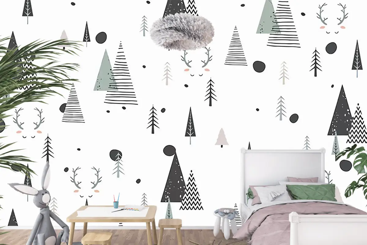 Çam Ağaçları Beyaz Arka Plan Çocuk Bebek Odası Duvar Kağıdı