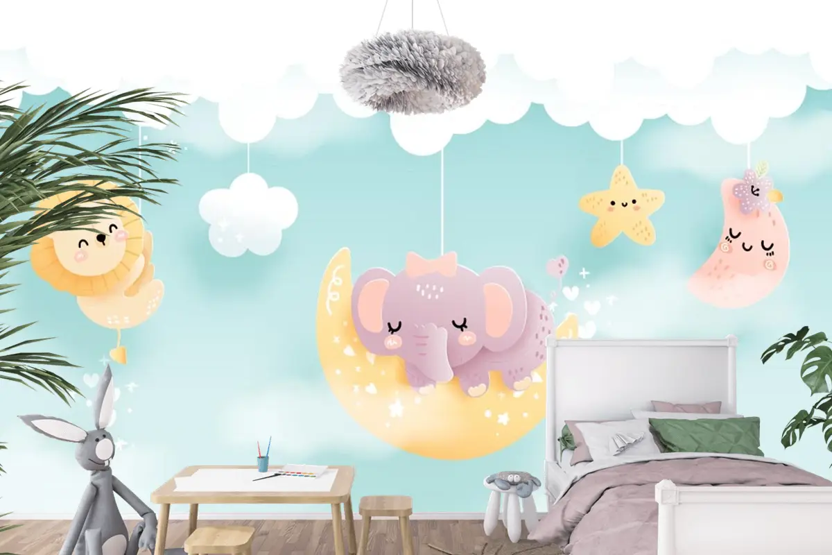 Çocuk Odası Duvar Kağıdı Bulut Üzerinde Sevimli Hayvanlar