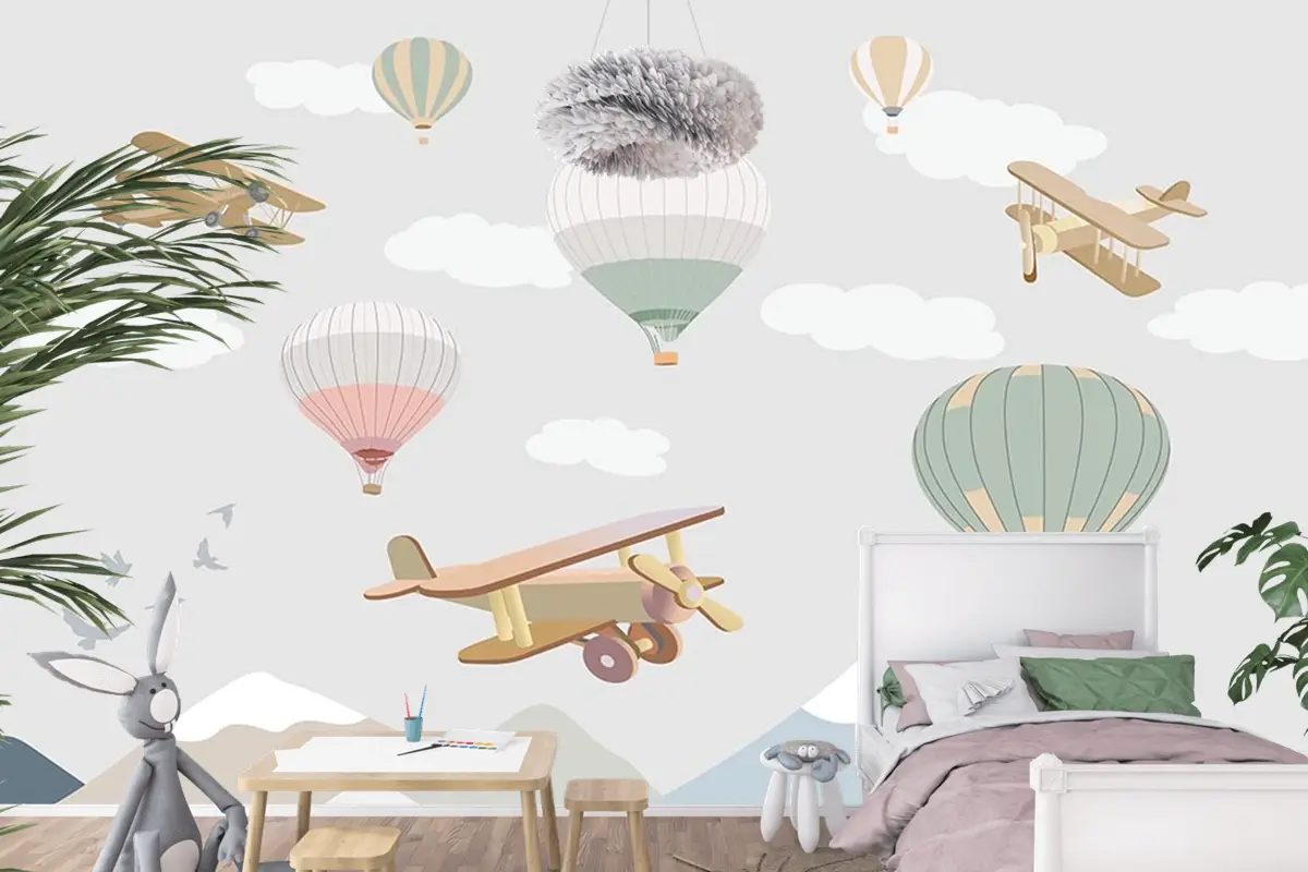 Çocuk Odası Duvar Kağıdı Bulutlar Üzerinde Uçaklar Ve Uçan Balonlar