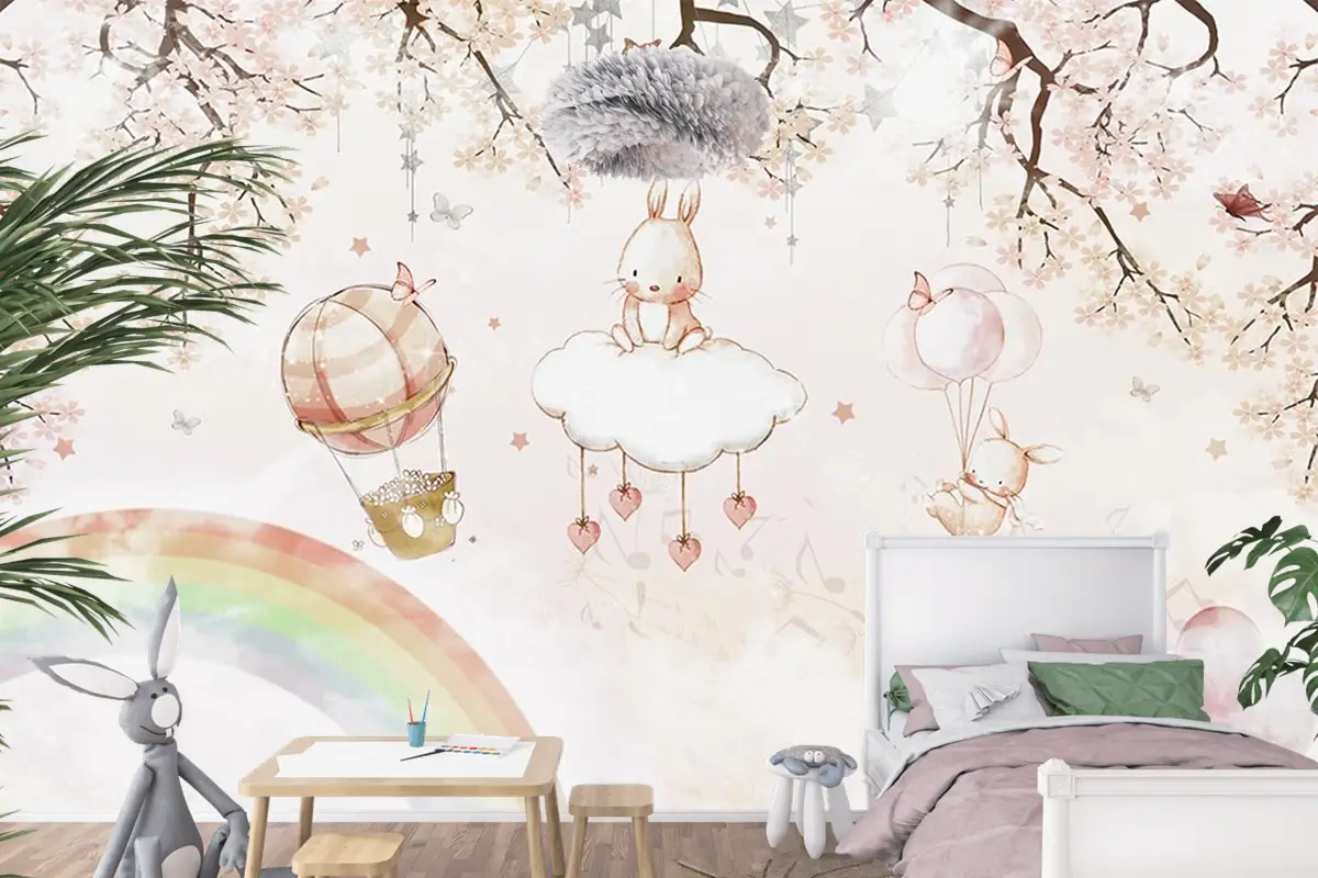 Çocuk Odası Duvar Kağıdı Gökyüzünde Sevimli Tavşanlar