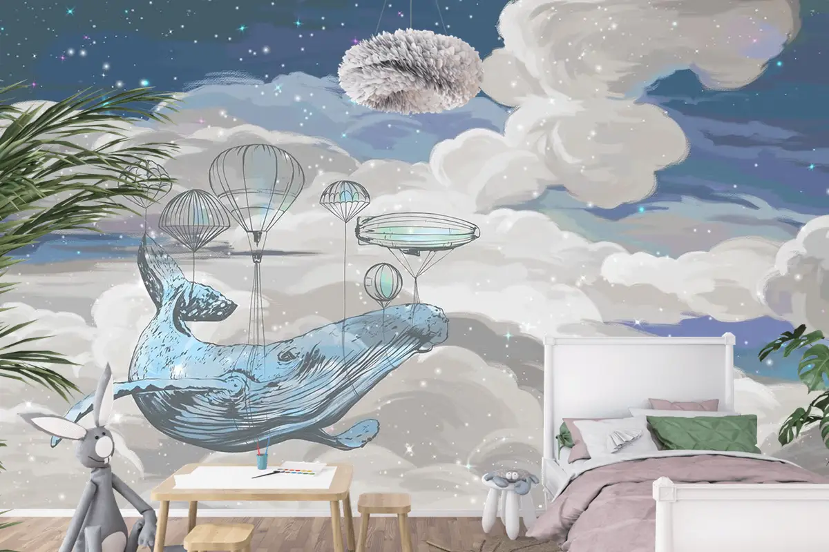 Çocuk Odası Duvar Kağıdı Gökyüzünde Uçan Balina
