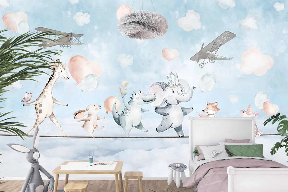 Çocuk Odası Duvar Kağıdı Ip Üzerinde Hayvanlar