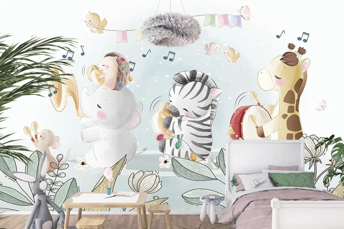 Çocuk Odası Duvar Kağıdı Müzik Çalan Sevimli Hayvanlar