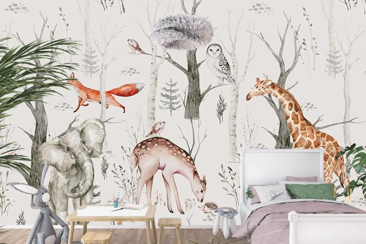 Çocuk Odası Duvar Kağıdı Ormanda Fil Zürafa