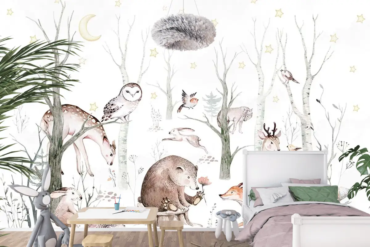 Çocuk Odası Duvar Kağıdı Ormandaki Sevimli Hayvanlar