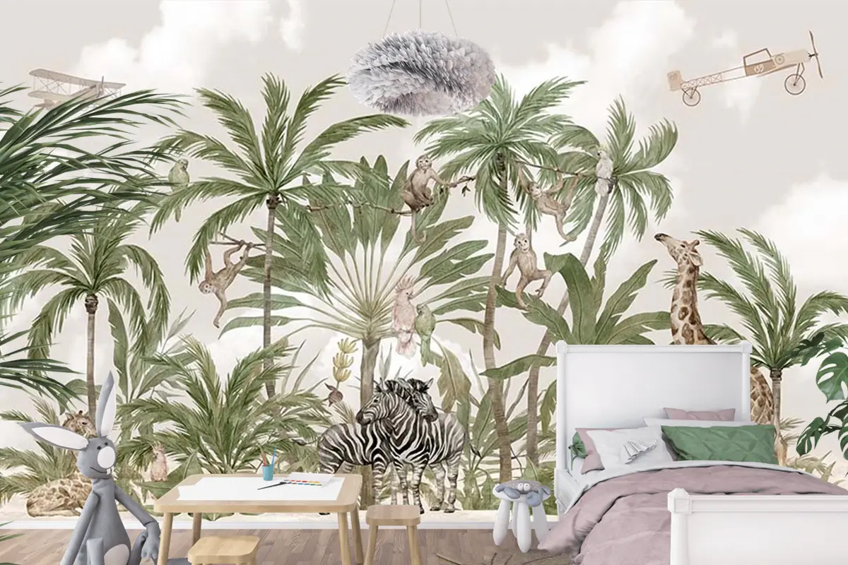 Çocuk Odası Duvar Kağıdı Safari Hayvanları Ve Tropikal Ağaçlar