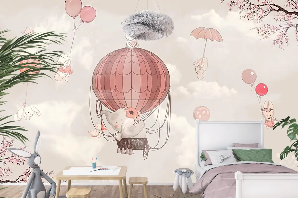 Çocuk Odası Duvar Kağıdı Uçan Balonlar Ve Sevimli Tavşanlar