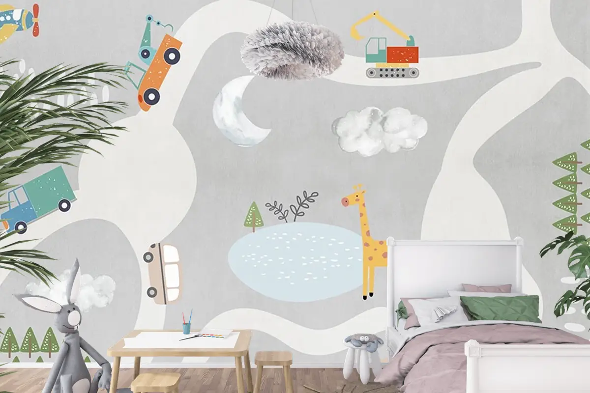 Çocuk Odası Kamyon Dozer Çocuk Odası Duvar Kağıdı