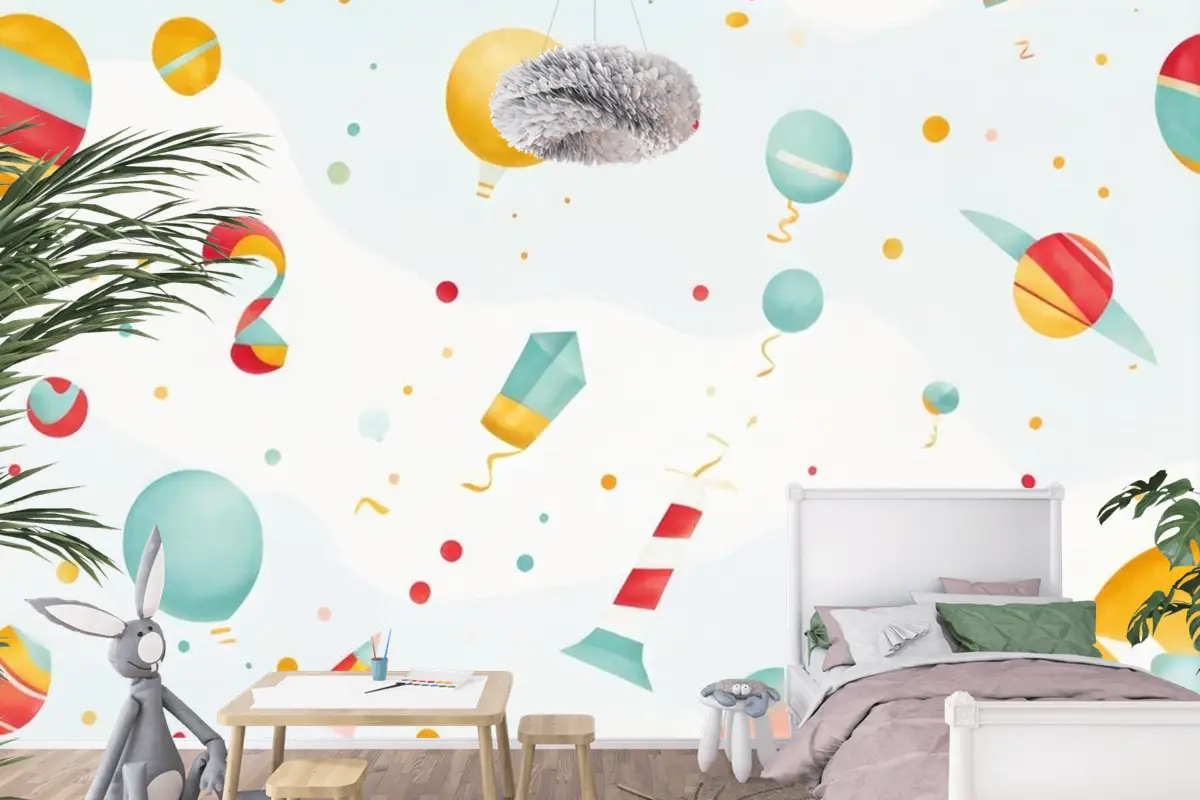 Bayraklı Renkli Balonlar Bayraklı Renkli Balonlar Çocuk Odası Duvar Kağıdı