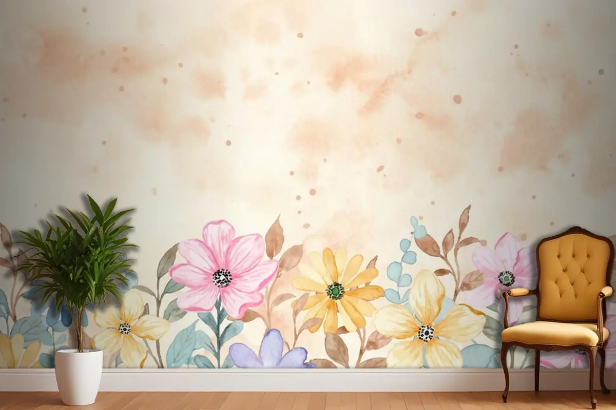 Renkli Çiçekli Bahçe Arkaplanı Suluboya Duvar Kağıdı 