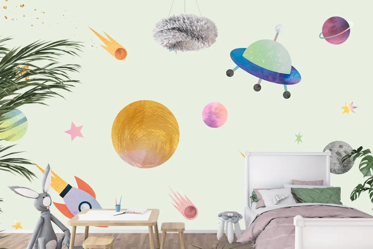 Sevimli Suluboya Tarzında Renkli Galaksi Desenli Arka Plan Çocuk Odası Duvar Kağıdı