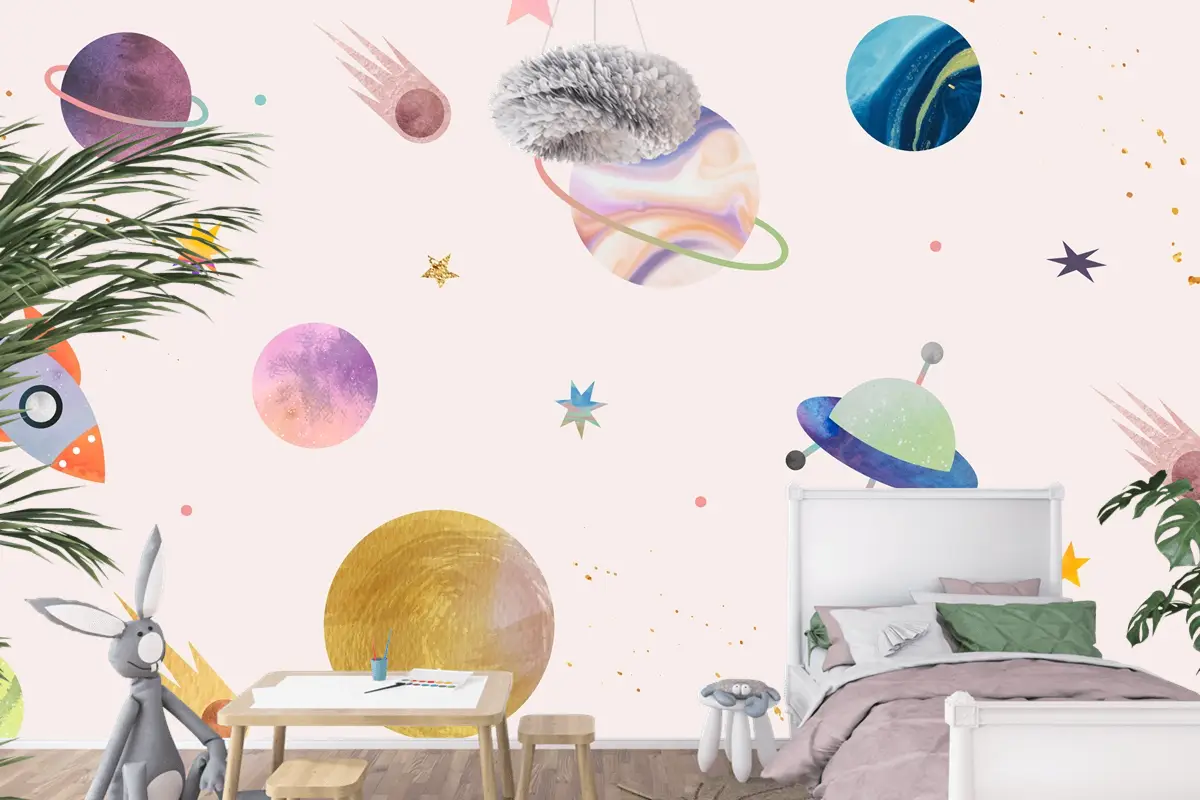 Pastel Arkaplanda Renkli Galaksi Suluboya Doodle Çocuk Odası Duvar Kağıdı