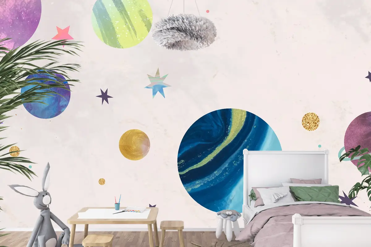 Pastel Çocuk Odası Duvar Kağıdı Duvar Üzerine Renkli Galaksi Suluboya Doodle