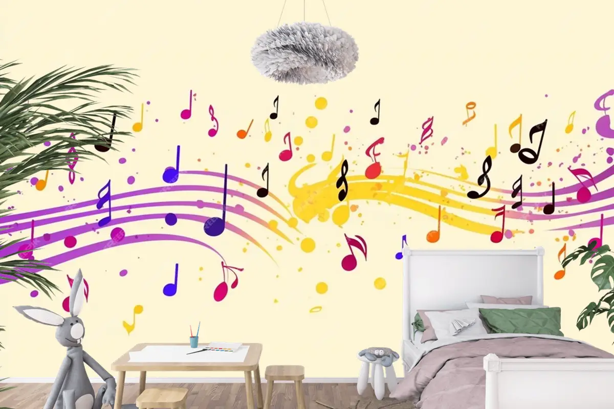 Renkli Müzik Notaları Sarı Arka Plan Çocuk Odası Duvar Kağıdı